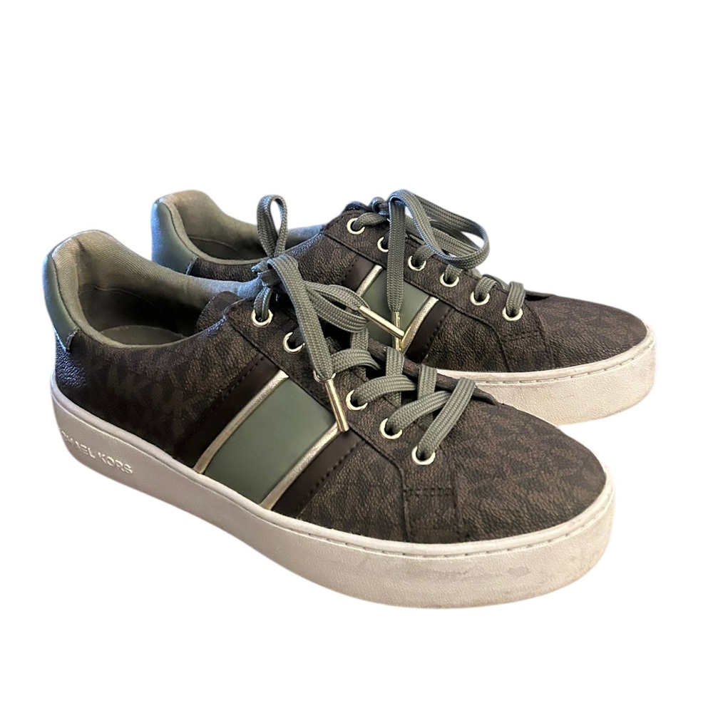 Poppy Stripe Lace Up Michael Kors Army Green Brown Cream Gold Accents Size 7.5